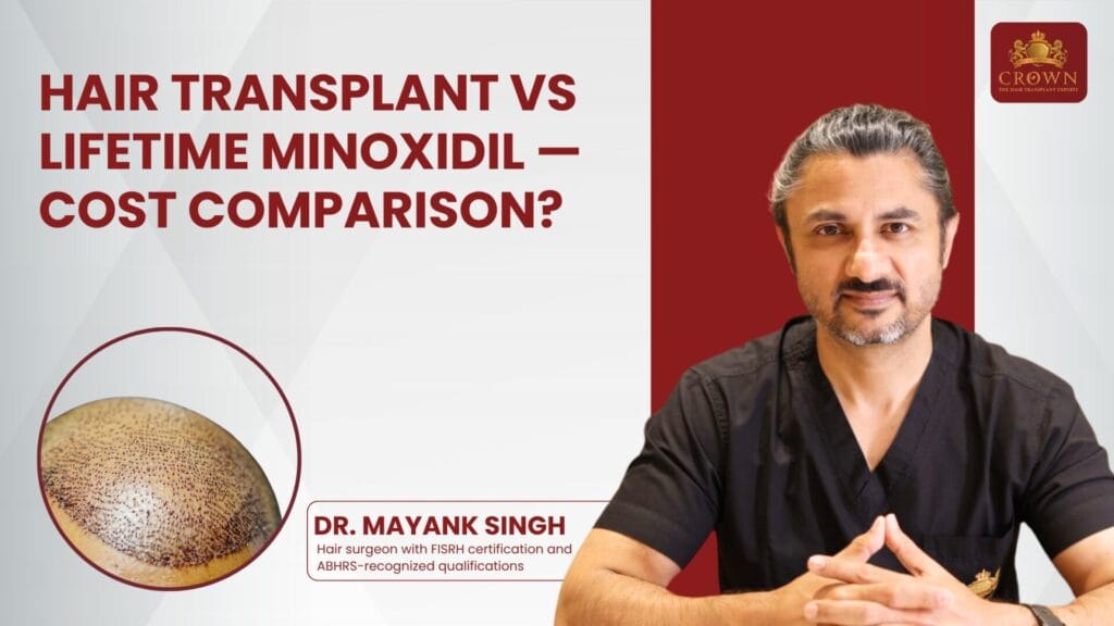 Banner comparing hair transplant vs lifetime minoxidil with doctor on the right and a scalp close-up on the left.