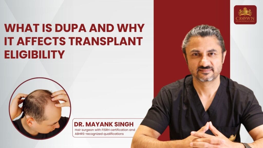 Promotional banner about DUPA and transplant eligibility, featuring a doctor and a Crown logo on the right.