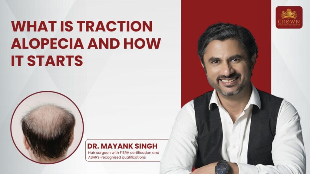 Banner promoting traction alopecia with a smiling doctor beside a circular image of a balding scalp and a Crown logo in the corner.