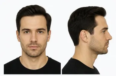 Illustration showing Norwood Scale Stage 1 with front, side, and top views of a man displaying a full hairline with minimal or no hair loss.