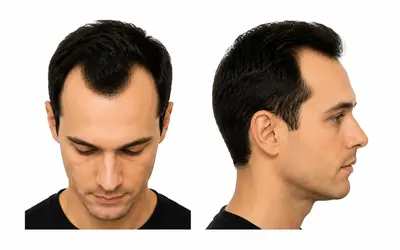 Norwood Scale Stage 2 male pattern baldness showing a receding hairline with M-shaped temples