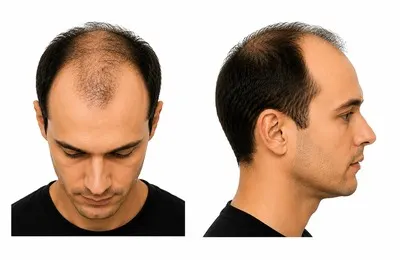 Illustration of Norwood Scale Stage 5 showing advanced male pattern baldness with a narrow band of hair separating the frontal and crown balding areas.
