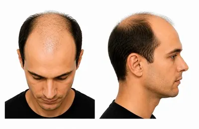Norwood Scale Stage 6 showing advanced male pattern baldness with a narrow band of hair remaining on the sides and back