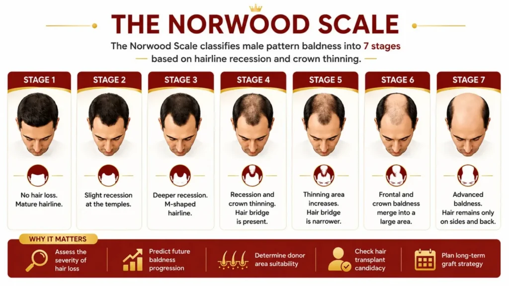 Illustration of the Norwood Scale showing the seven stages of male pattern baldness progression from minimal hair loss to advanced baldness.
