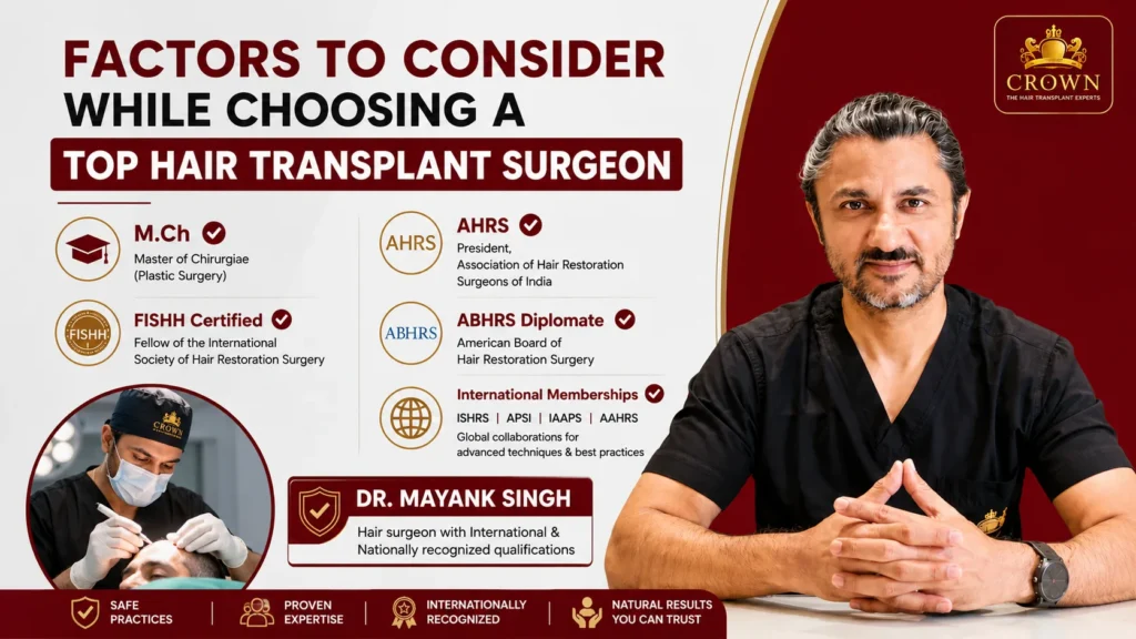 Dr. Mayank Singh highlighting key factors to consider while choosing a top hair transplant surgeon, featuring ABHRS Diplomate, AHRS President, M.Ch Plastic Surgery, and FISHRS credentials.