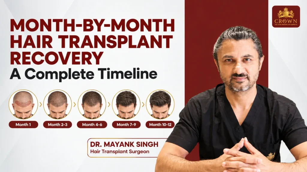 Month-by-month hair transplant recovery timeline from Month 1 to Month 12 by Dr. Mayank Singh at Crown Hair Transplant Clinic.